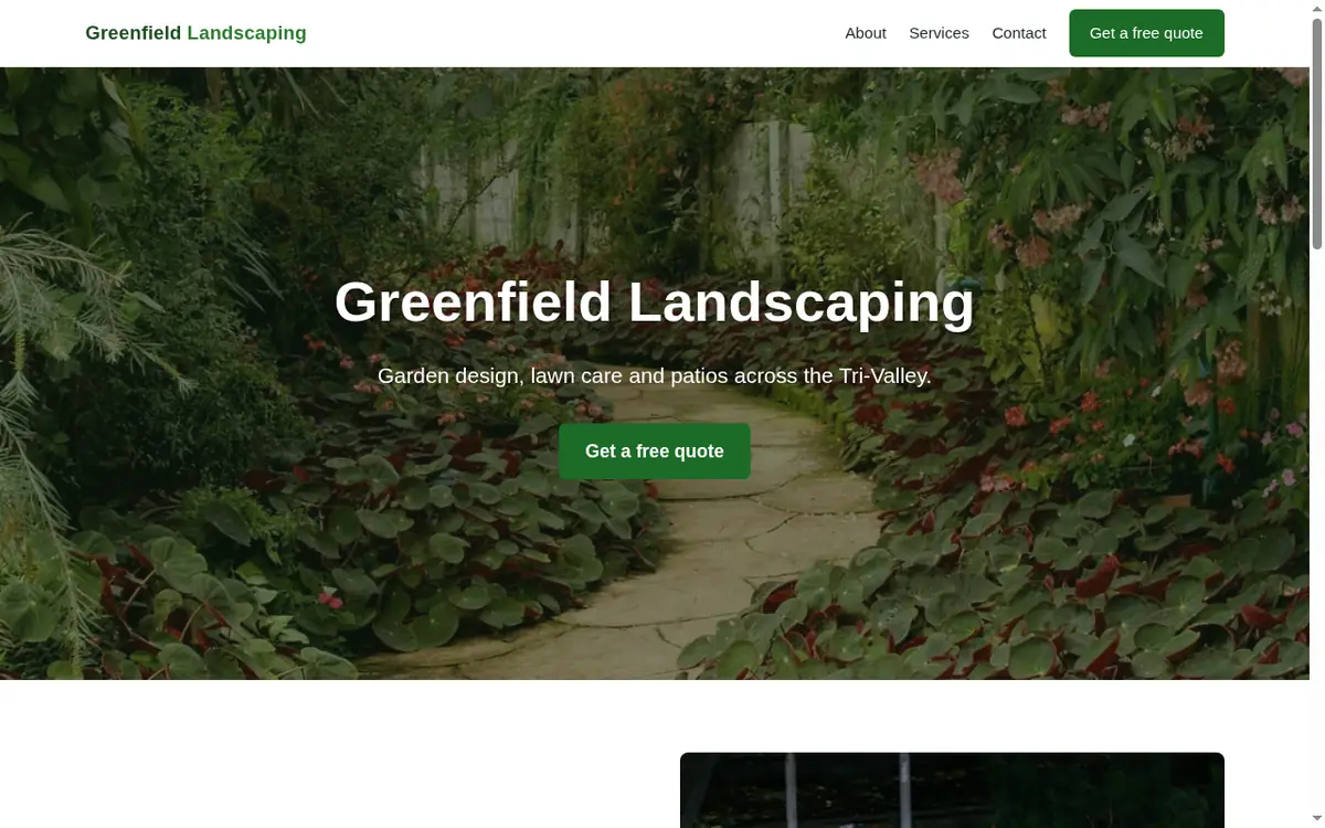 The Greenfield Landscaping homepage: a full-width garden hero, an about section, a gallery and a contact form